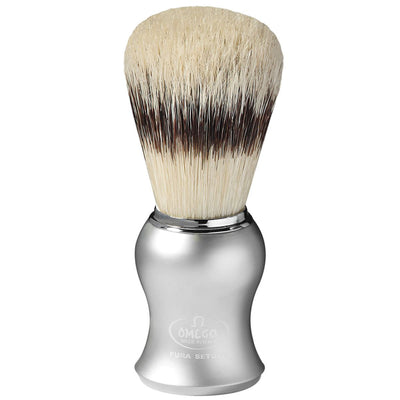 Brocha de afeitar omega cerdas de cerdo efecto pelo de tejón mango gris mate + estandarte 11cm