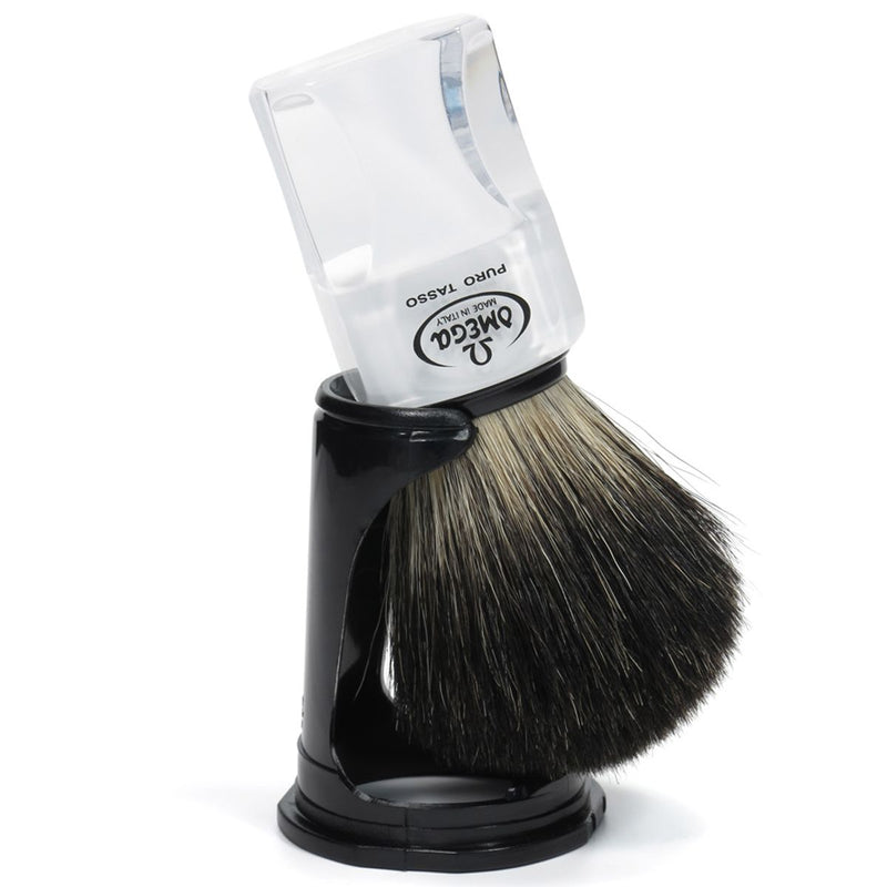 Brocha de afeitar omega 100% tejón negro transparente + estandarte 11cm