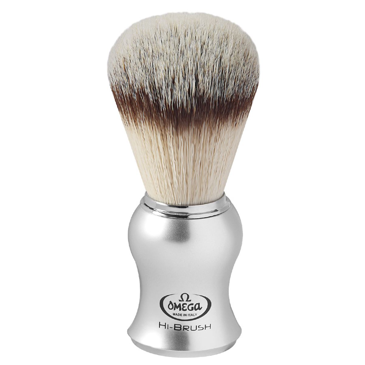 Pennello da barba Omega hi-brush in pelo sintetico con effetto pelo di tasso manico argento 10,5 cm