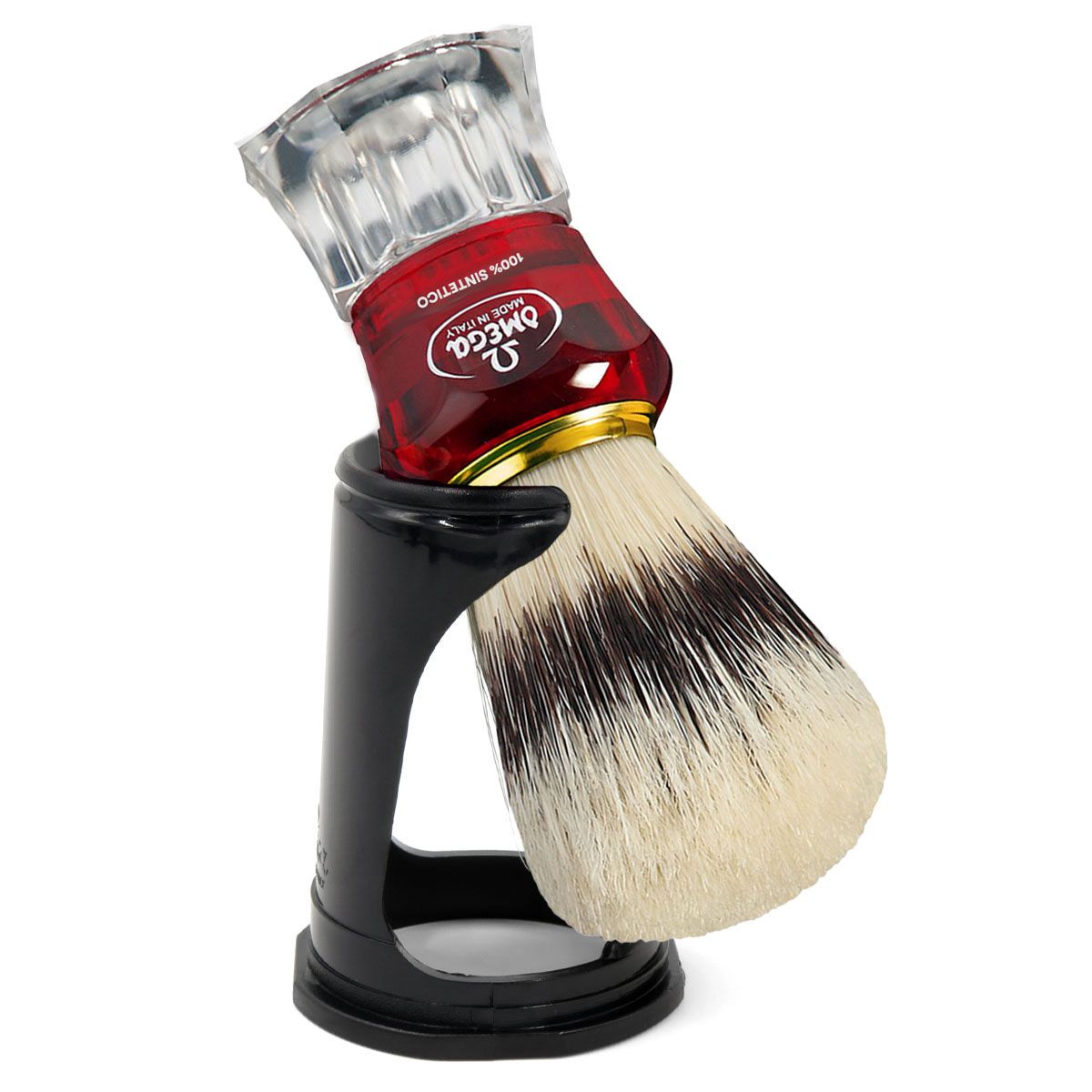 Brocha de afeitar omega hi-brush pelo sintético efecto pelo de tejón rojo mango transparente 11cm