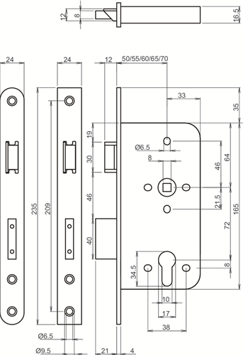 Cerradura de puerta de seguridad Lips 2422 | kg** | dm65mm | pc72mm | agujero de manivela 8 mm | placa frontal acero inoxidable 24x235mm rectangular | dr 1+3 2+4 - 7266603