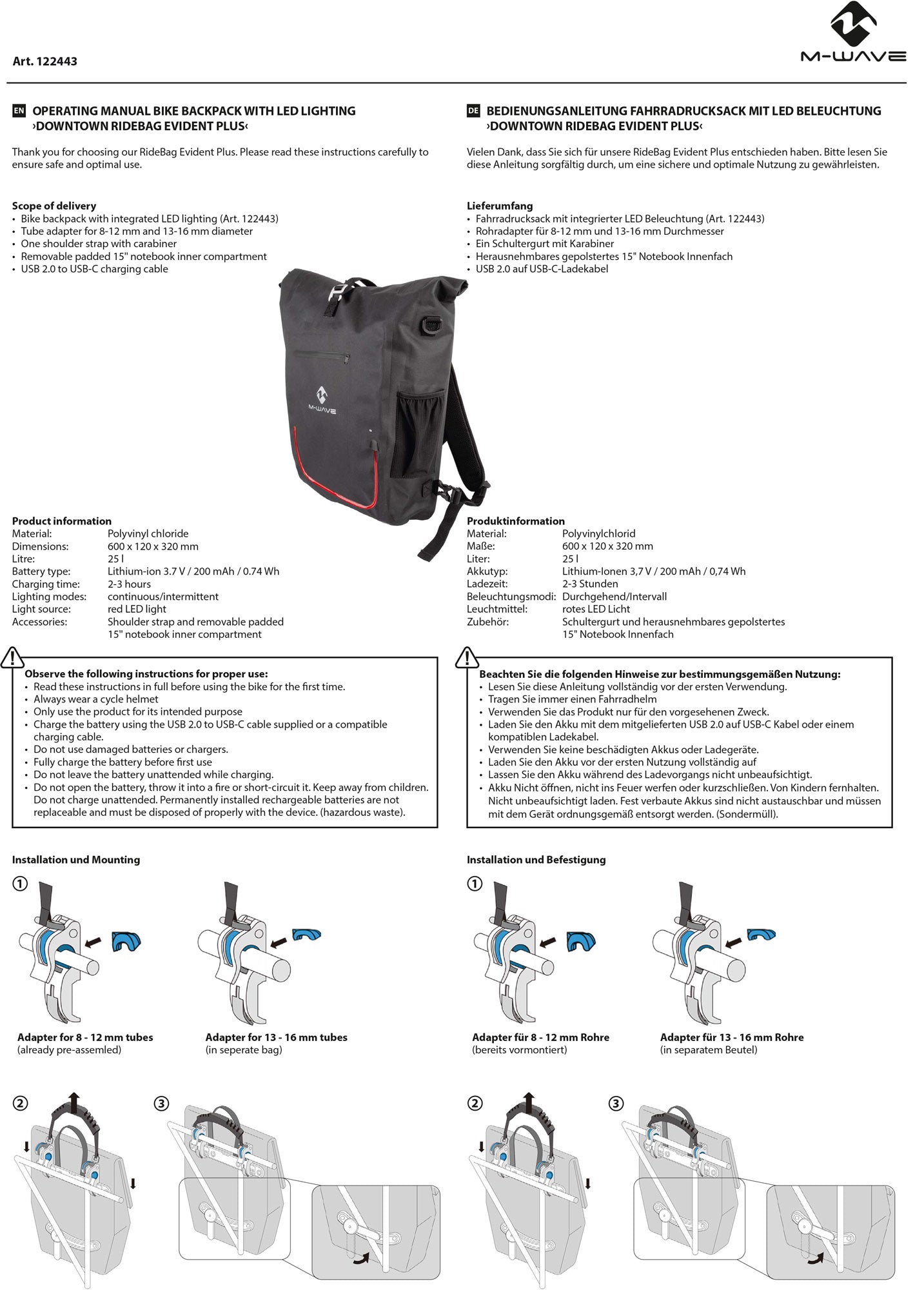 Mochila M-wave Downtown Ridepack evidente 2 en 1
