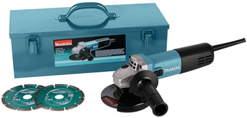 Makita 9558hnrgk3 | amoladora angular con interruptor de bloqueo | 230v | 125 mm | en caja de acero | incluido conjunto de accesorios