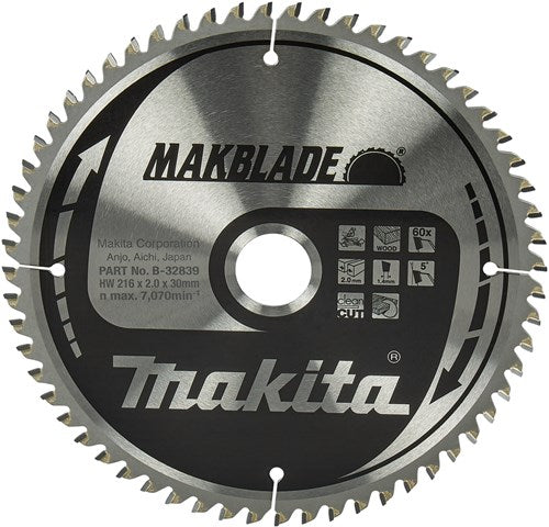 Makita accessoires makita afkortzaagblad voor hout | makblade | ø 216mm asgat 30mm 60t - b-32839