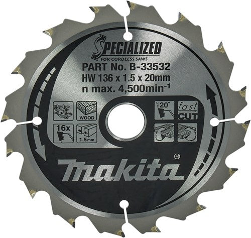 Makita accessoires cirkelzaagblad | hout | 136x20x1,5 16t 20g - b-33532