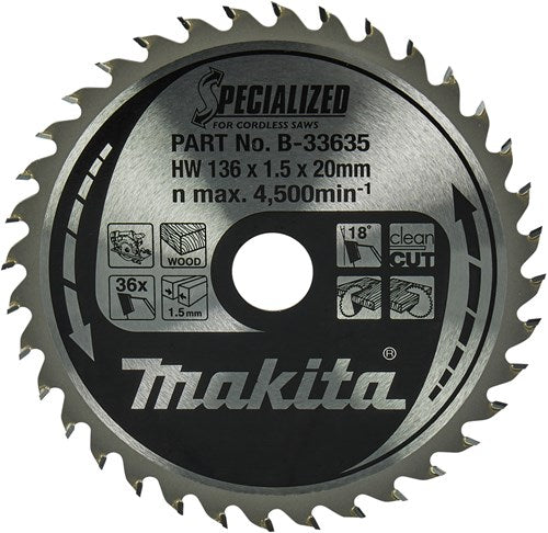 Makita cirkelzaagblad voor hout | specialized: accu | ø 136mm asgat 20mm 36t - b-33635
