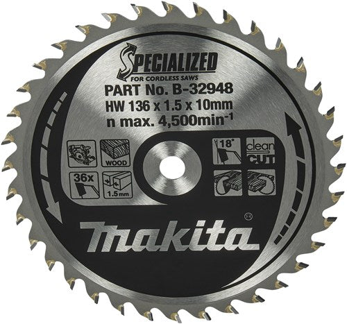 Makita accessoires cirkelzaagblad hout specialized 136x10x1,5 36t 18g - b-32948