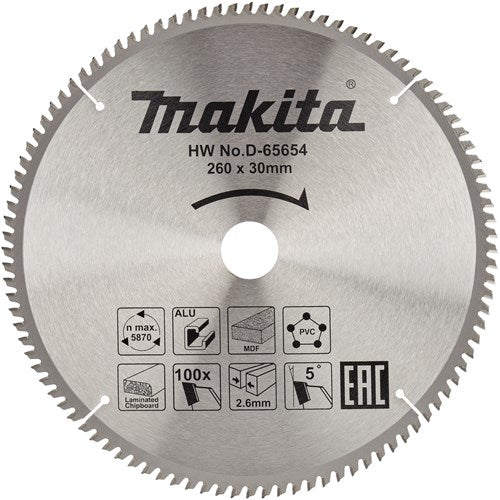 Makita accessoires d-65654 afkortzaagblad | div. materialen | 260x30x2,6 | 100t | 5g - d-65654