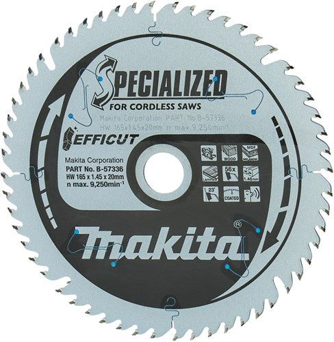 Accesorios makita paquete doble hoja de sierra circular madera efficut 165x20x1.45 56t 23g - b-57336-2