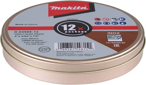 Accesorios Makita d-65969-12 | disco de corte acero inoxidable | 12 piezas en lata | 125x22,23x1,2mm - d-65969-12