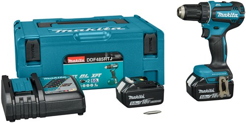 Makita ddf485rtj trapano avvitatore 18v brushless batteria 5.0 ah (2 pz), caricatore rapido, mbox