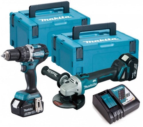 Makita DLX2179TJ1 18V LXT 2-piece brushless DGA504 angle grinder + DHP484 (impact) drill set with 2 x 5.0Ah batteries