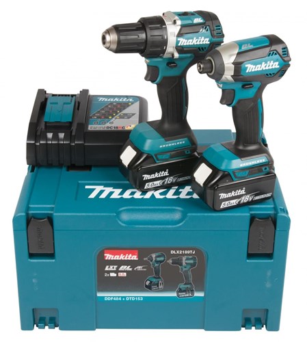 Makita DLX2189TJ 18V 5.0Ah Set combinato trapano avvitatore a batteria DDF484 e avvitatore a percussione DTD153