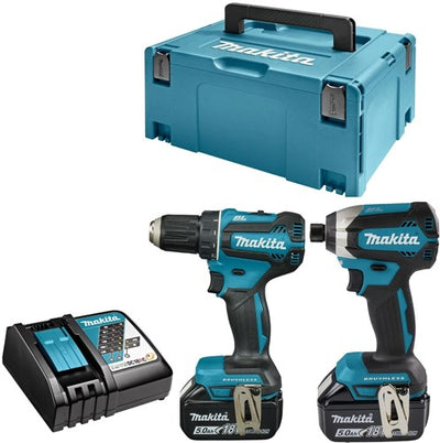 Set combinato Makita dlx2289tj - trapano avvitatore ddf485 18v + avvitatore a percussione a batteria dtd153 con batterie 5.0ah