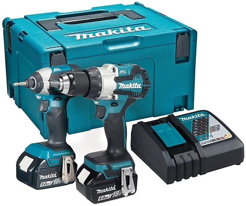 Makita dlx2507tj 18v combo pack trapano a percussione dhp489 + avvitatore a percussione dtd153z batteria da 5,0 ah (2 pz), in mbox