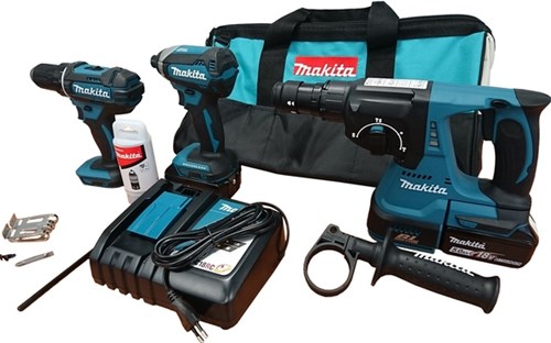 Set combinato Makita DLX3089T - trapano a percussione DHP482 + avvitatore a percussione DTD153 + trapano a percussione MR243 batteria 18V 5,0 Ah (2 pz) in borsa
