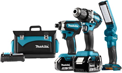 Makita DLX3090T 18V 5.0Ah Combi Set Trapano Avvitatore a Batteria DDF484 e Avvitatore a Percussione DTD153 + Lampada DML801