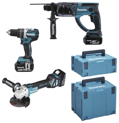 Makita DLX3093TJ 18V LXT set 3 pezzi: smerigliatrice angolare DGA513 + trapano a percussione DHP484 + trapano a percussione MR202 con 3 batterie da 5,0 Ah - DLX3093TJ