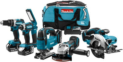 Makita dlx6082t set combinato 18 V agli ioni di litio con 3 batterie da 5,0 Ah - per trapani (a percussione), viti (a percussione), segatura e levigatura - dlx6082t