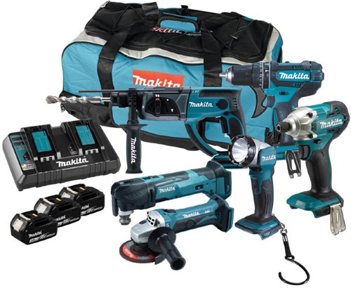 Set combinato Makita dlx6100px1 18v - dhp452 - hebr202 - dtm51 - dtd156 - dga452 | 3 batterie da 3,0 Ah
