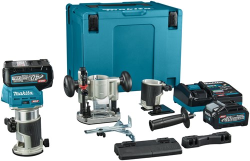 Makita rt001gm206 fresa superiore e per bordi | 40 V massimo | 2 batterie da 4,0 Ah + caricabatterie rapido | incl. piedini vari + adattatore per binario di guida | in mbox-rt001gm206
