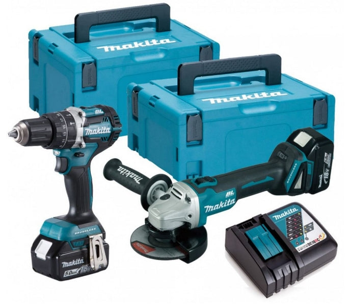 Makita DLX2179TJ1 18V LXT Amoladora angular DGA504 sin escobillas de 2 piezas + Juego de taladro (de impacto) DHP484 con 2 baterías de 5,0 Ah