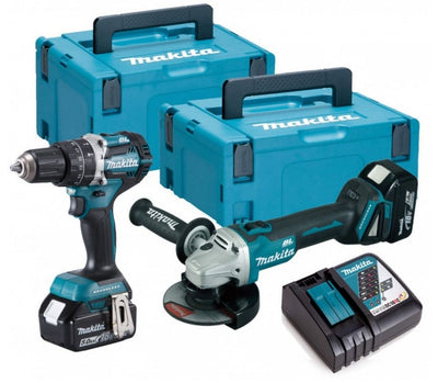 Makita DLX2179TJ1 18V LXT Smerigliatrice angolare brushless DGA504 in 2 pezzi + set trapano DHP484 (percussione) con 2 batterie da 5,0 Ah