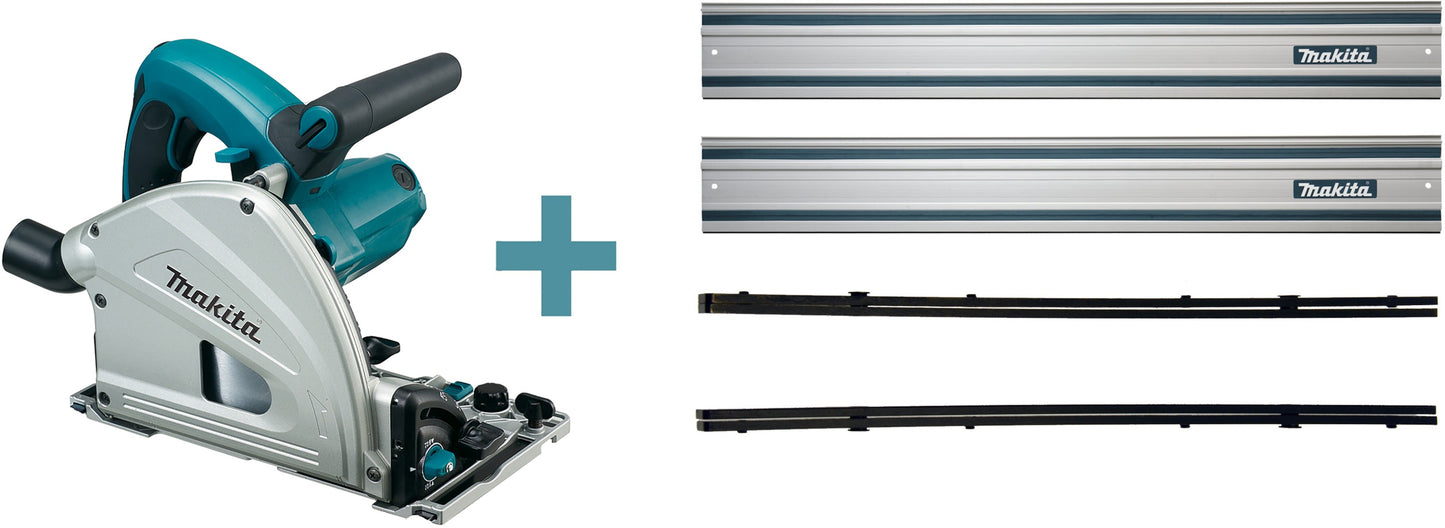 Sega ad immersione Makita + sega + 2x binario di guida 165mm 230v