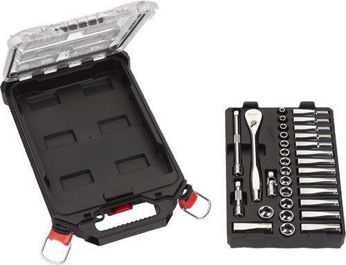 Accesorios Milwaukee juego de trinquete + vaso métrico 3 8 (32 piezas) en organizador compacto y delgado - 4932478813