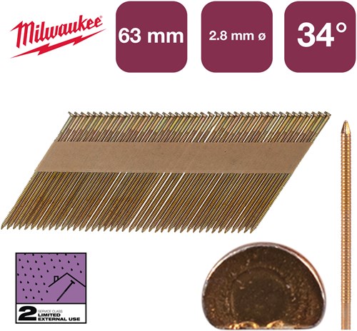 Accessori Milwaukee chiodi d-head 34° 63x2,8mm rs g sc2 | 2.200 pezzi - 4932492607