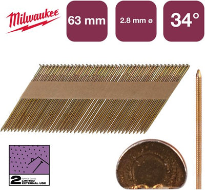 Accessori Milwaukee chiodi d-head 34° 63x2,8mm rs g sc2 | 2.200 pezzi - 4932492607