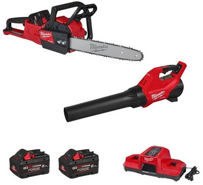 Conjunto combinado de batería Milwaukee m18 fpp2opl13-802 | 1x motosierra a batería m18fchs-0 + 1x soplador de hojas a batería m18 fblg3-0 | incluido 2 x baterías m18 fb8 y cargador m18dbsc - 4933500228