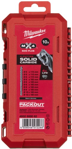 Milwaukee sds-plus borenset | mx4 | packout ready box | 5 6 6 x 115 6 6 8 8 8 10 x 165 12 x 160 mm - 4932500062