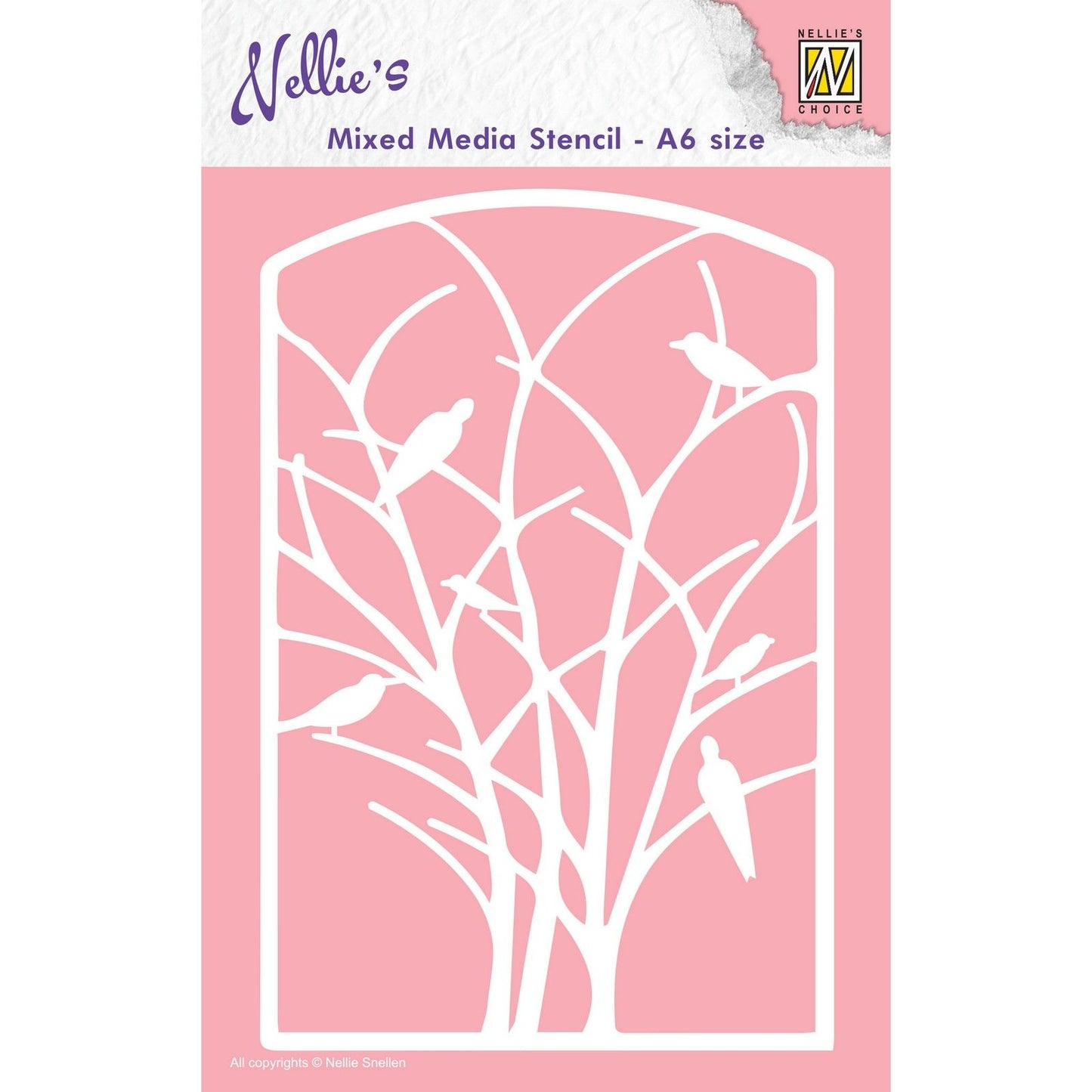 La scelta di Nellie • cornice stencil formato A6 con uccelli sull'albero