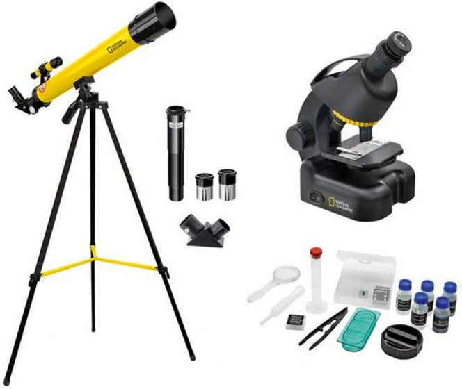 telescopio y microscopio conjunto de aluminio negro amarillo