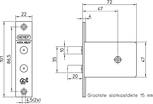 Serratura aggiuntiva di sicurezza Nemef 1008 | skg* | dm47mm | Rettangolare 22x101mm | set da 3 pezzi | chiavi uguali | dottor 1+2+3+4 - 9100800453