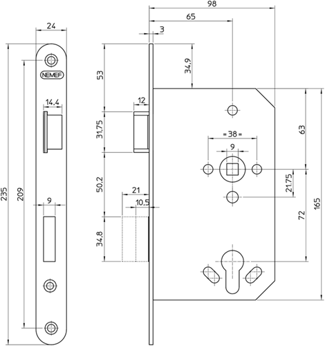 Nemef 1769 23 rs door lock | dm65mm | pc72mm | galvanized steel front plate 24x235mm rounded | galvanized steel latch and deadbolt | 2 rounds | dr 1+3 - 9176923651