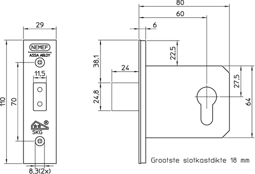 Cerradura adicional de seguridad Nemef 4328 | kg** | dm60mm | placa frontal placa frontal decorativa de acero inoxidable 29x110mm rectangular | dr 1+2+3+4 - 9432817600