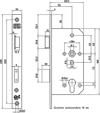 Cerradura de puerta de seguridad Nemef 4401 4402 | kg** | dm60mm | pc72mm | agujero de manivela 8 mm | placa frontal de acero inoxidable 24x235mm redondeada | pestillo y cerrojo de latón | dr 2+4 - 9440217602
