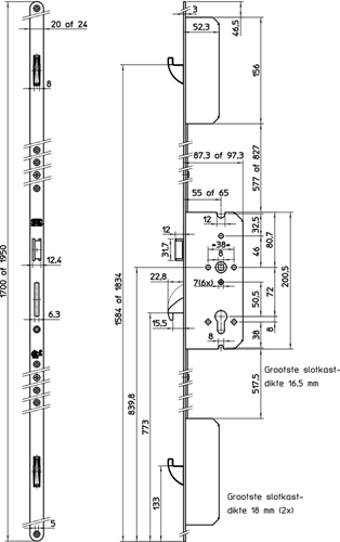 Serratura multipunto di sicurezza Nemef 4926 | a manovella | skg*** | dm55mm | pc72mm | frontale in acciaio zincato 20x1950mm arrotondato | dr 1+3 2+4 - a000307538