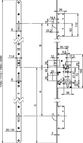 Cerradura de seguridad multipunto Nemef 5040 | accionado por cilindro | kg*** | dm65mm | pc72mm | placa frontal de acero galvanizado 20x1772mm redondeada | dr 1+3 2+4 - a000308701