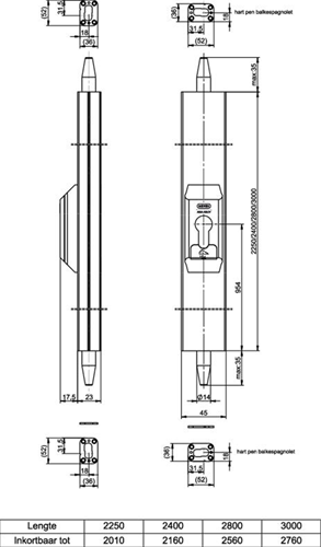 Cremonese di sicurezza per edilizia Nemef 5092 | skg*** | lunghezza 2250 | può essere accorciato a 2010mm | ral9010 | altezza cilindro profilo euro 954mm | contropiastra p 5092 12 | corso 3+4. | alluminio - a000191945