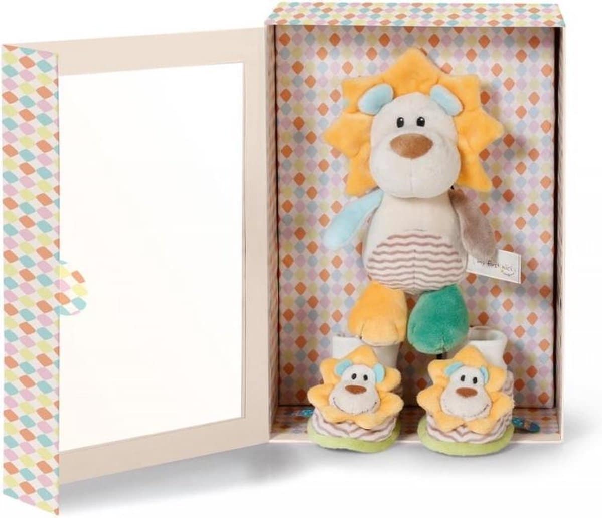 Leone in tessuto con pantofole per bambini in scatola regalo