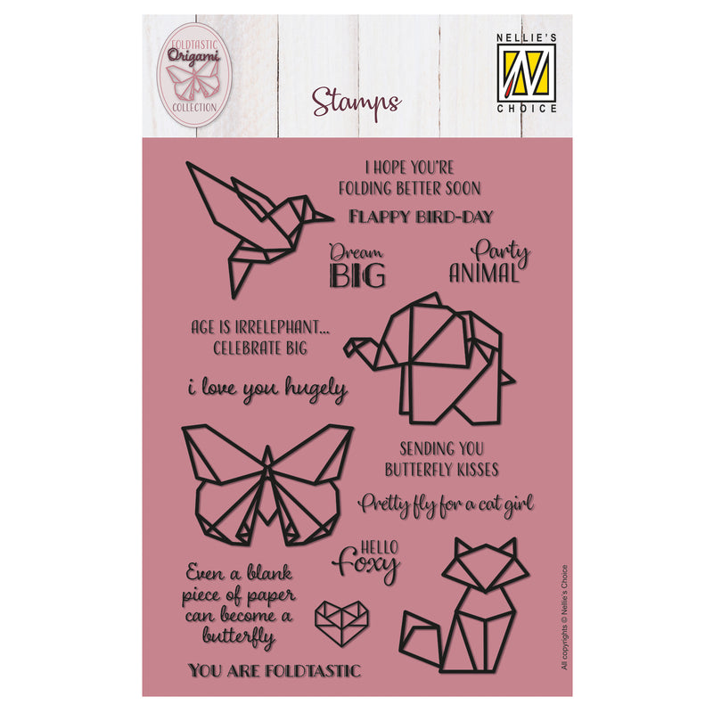 La scelta di Nellie • timbri trasparenti testo origami e animali 14pz.