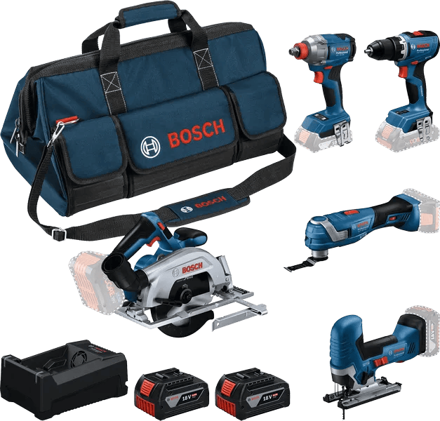 Kit de herramientas batería Bosch azul 5-kit de herramientas 18v | gsr 18v-65 + gdx 18v-285 + gks 18v-57-2 + gop 18v-34 + gst 18v-125 s | incluido 2x gba 18v 5.0ah + cargador - 0615a500bv