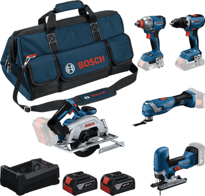 Bosch blauw accutoolkit 5-toolkit 18v | gsr 18v-65 + gdx 18v-285 + gks 18v-57-2 + gop 18v-34 + gst 18v-125 s |incl. 2x gba 18v 5,0ah + lader - 0615a500bv