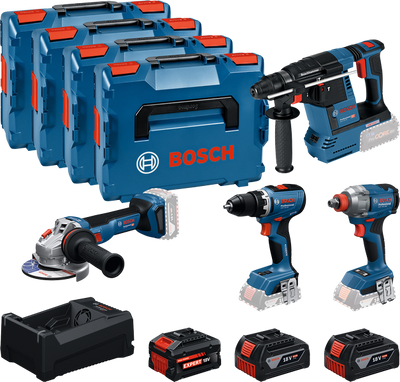 Kit di attrezzi Bosch batteria blu 4-toolkit 18v | gsr 18v-65 + gdx 18v-285 + gbh 18v-26 + gws 18v-11 | + 2x gba 18v 5.0ah + 1x exba 18v 5.5ah + caricabatterie - 0615a500bj