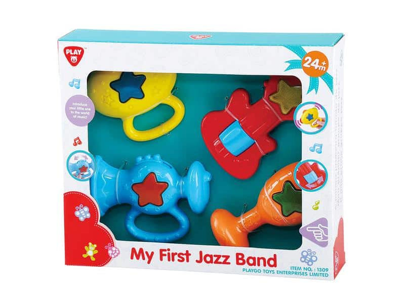 Strumenti musicali colorati 4 pezzi in scatola.