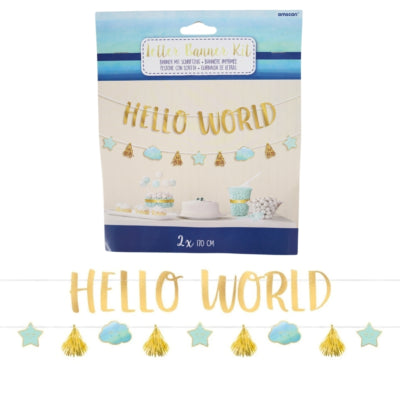 Amscan guirnalda de letras bebe niño hola mundo color azul dorado 170 cm | 12 piezas