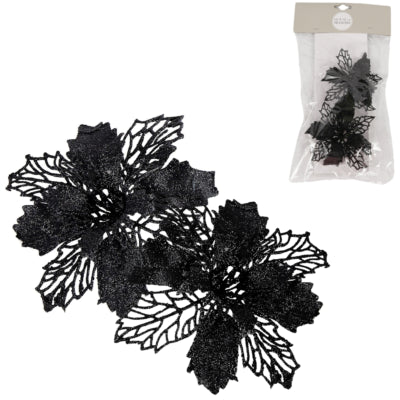 House of seasons flor artificial con clip Estrella de Navidad brillo negro 10 cm juego de 2 | 24 piezas